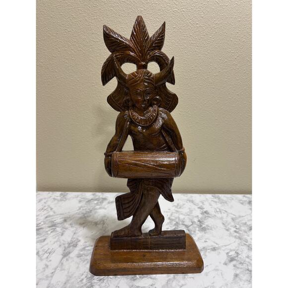 Vintage Hand Carved Teak Wooden Statue Indonesian Dancer Kendang Drum Folklore - Picture 2 of 6